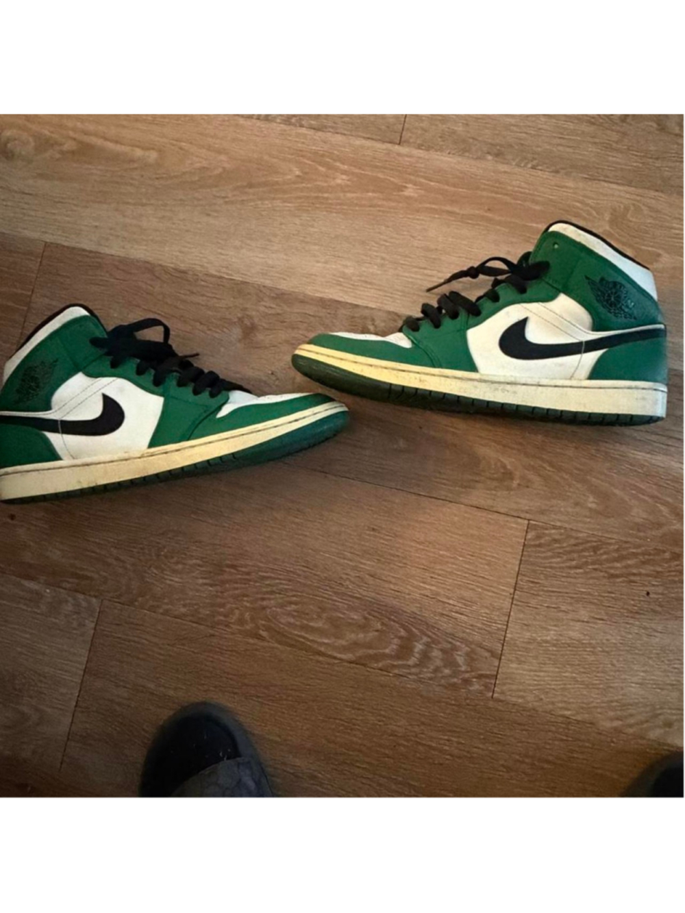 Jordan 1 Mid green and white sneakers with black Nike swoosh, size US 10 #basket